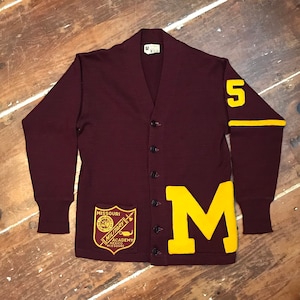 Suéter tipo cárdigan de punto de campeón de la Academia Militar de Missouri de los años 50 / Suéter vintage para hombre de lana con botones, talla 42, estilo universitario Letterman