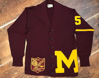 1950s Missouri Military Academy Champion Knitwear Cardigan Sweater | Vintage Mens 42 Varsity Letterman Wool Button Up