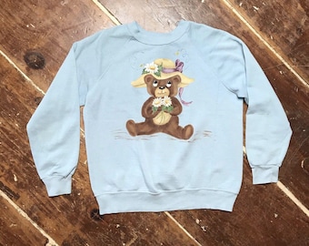 Vintage 80s Handpainted Bear Raglan Sweatshirt Adult Large Blue Crewneck