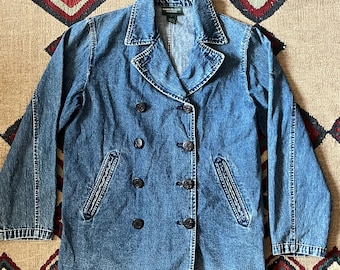 1990s Ralph Lauren Polo Jeans Co. Denim USN Style Deck Work Jacket | Vintage Womens Small Button Up Pea Coat