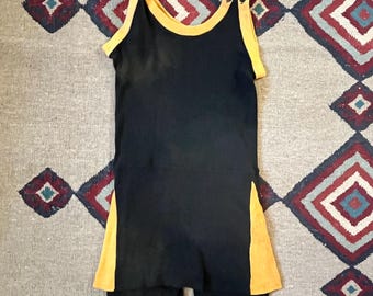 1920s 1930s Cotton Knit Two Tone Swimsuit | Vintage Womens Size XS Black/Yellow Suit