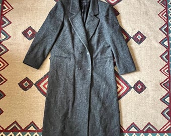 1980s Forecaster Heavy Wool Tweed Herringbone Overcoat | Vintage Womens Large Button Up Trench Coat