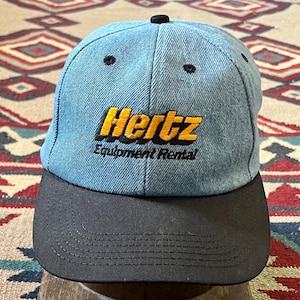 Boné jeans com aba reta da Hertz Equipment Rental K Products da década de 1990 | Boné vintage fabricado nos EUA
