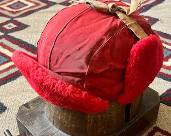 1960s Cotton Twill & Mouton Fur Hunting Hat | Vintage Adult Small Red Cap