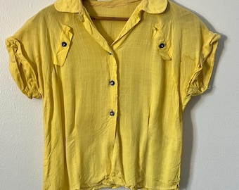 1960s Yellow Rayon Button Up Top | Vintage Womens Small Shirt