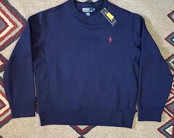 1990s Polo Ralph Lauren Reverse Weave Sweatshirt | Vintage Mens Large NWT New Navy Crewneck