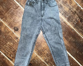 Vintage 80s Black Denim Acid Stone Wash Tapered Jeans Womens 15/16, 29x27