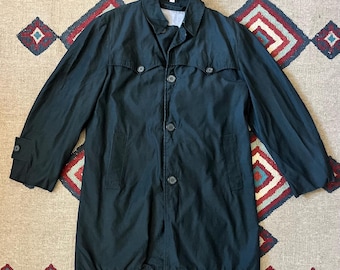 1970s Black Rain Trench Coat | Vintage Mens 38 Button Up Coat