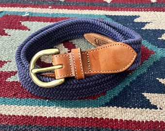 1990s Lands End Braided Woven Blue Cotton & Leather Belt 