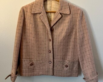 1950s Pink Flecked Plaid Wool Jacket | Vintage Womens Large Rockabilly Button Up Blazer