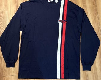1990s Fila Jersey Shirt | Vintage Mens Medium Navy Blue Long Sleeve Pullover