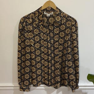 1980s Geometric Print Sheer Satin Blouse | Vintage Womens 11/12 Collared Button Up