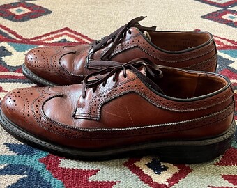 Vintage 70s Brown Leather Wingtip Dress Shoes Mens 8.5 C Oxford