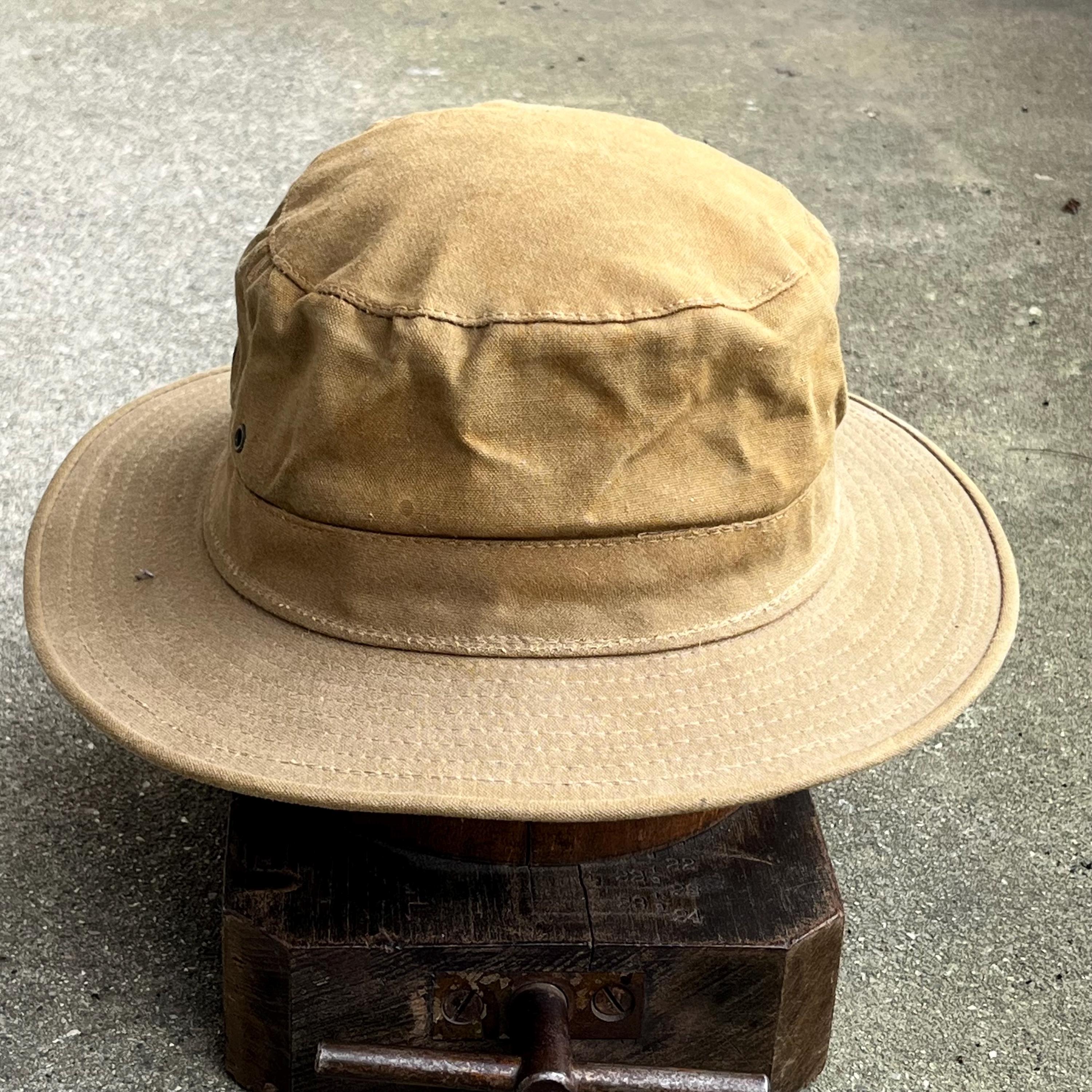Filson Tin Cloth Bush Hat | Vintage Tan Khaki Leather Waxed