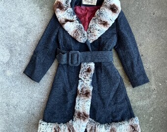 1960s Lilli Ann Gray Wool Belted Jacket | Womens Small Chinchilla Fur Trim Coat