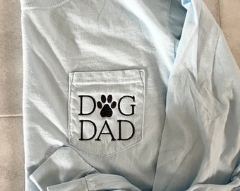 Dog Dad Long Sleeve Tee- Comfort Colors Pocket Tee- Personalized Pocket T-Shirt- Ring Spun Pocket Comfort Colors Monogram Tee