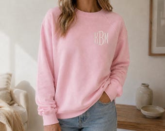 Bella Canvas Monogrammed Raglan Crewneck Sweatshirt, Embroidered Unisex Sponge Fleece Pullover 3901
