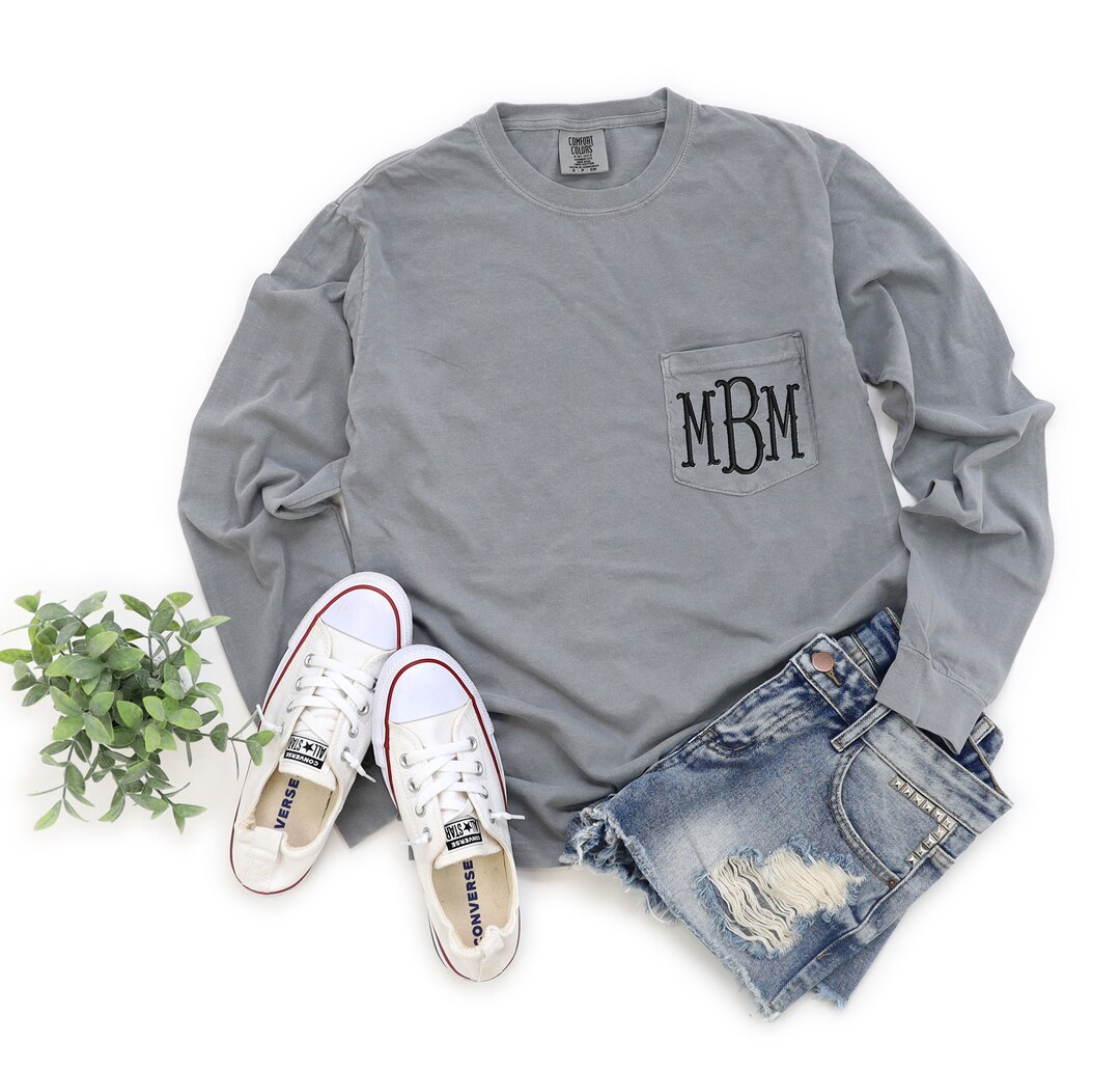 Monogrammed Long Sleeve Tee Pocket Tee- Comfort Colors Pocket Tee ...