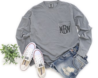 Monogrammed Long Sleeve Tee Pocket Tee- Comfort Colors Pocket Tee- Personalized Pocket T-Shirt- Ring Spun Pocket Comfort Colors Monogram Tee