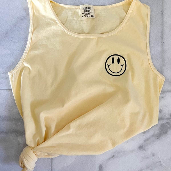 Smiley Face Comfort Colors Tank- Embroidered Tank- Custom Embroidered Tank Top