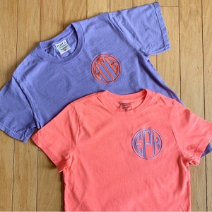 Monogram Youth Tee- Kids Embroidered Monogram T-Shirt- Pigment Dyed Personalized Shirt- Little Girl Monogram Tee