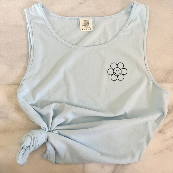 Smiley Face Flower Comfort Colors Tank- Embroidered Tank- Custom Embroidered Tank Top