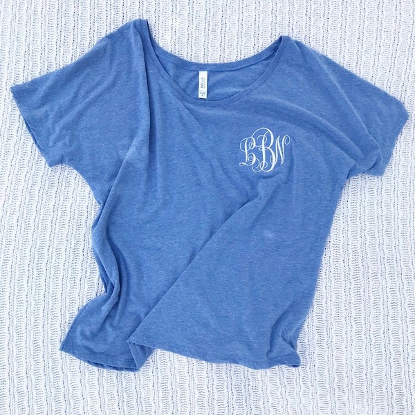 Slouchy Monogram Tee- Ladies Monogrammed T-Shirt- Bella Canvas Flowy Tee Shirt- Embroidered Monogram