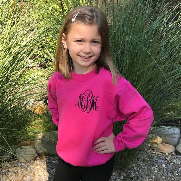 Monogrammiertes Jugend-Sweatshirt - personalisierte Mädchen Rundhalsausschnitt - Jugend-Pullover - besticktes Sweatshirt