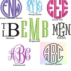 Puede incluir: Un gr&aacute;fico que muestra diferentes estilos de monogramas, incluyendo c&iacute;rculo relleno con borde, c&iacute;rculo elegante, c&iacute;rculo relleno, apilado, grabado, cola de pez, entrelazado y c&iacute;rculo de contorno.