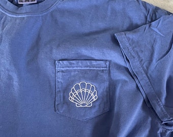 Seashell Embroidered Comfort Colors Pocket Tee – Personalized Monogram