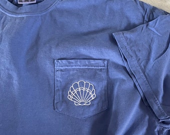 Seashell Tee- Comfort Colors Seashell Monogram Pocket Tee- Personalized Pocket T-Shirt- Ring Spun Pocket Comfort Colors Monogram Tee