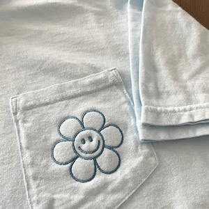 Flower Smile Tee- Comfort Colors Smiley Face Monogram Pocket Tee- Personalized Pocket T-Shirt- Ring Spun Pocket Comfort Colors Monogram Tee