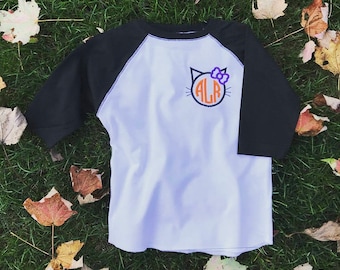 Toddler Monogrammed Kitty Cat Baseball Tee- Halloween Raglan- Personalized Girls T-Shirt- Embroidered Halloween Cat