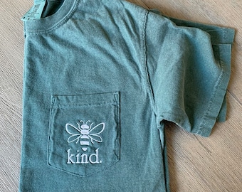 Bee Kind Comfort Colors Pocket Tee – Embroidered Bumblebee Monogram