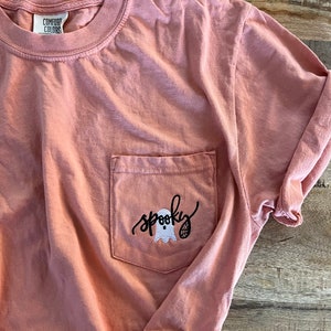 Ghost Tee- Comfort Colors Spooky Ghost Monogram Pocket Tee- Personalized Halloween Pocket T-Shirt- Ring Spun Pocket Comfort Colors