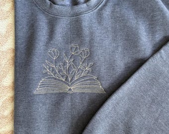 Floral Book Embroidered Sweatshirt- Flower Crewneck- Bookworm Sweater