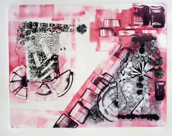 Original Oil Monotype Print 'Pink Houses'