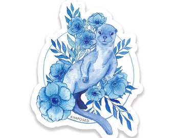 Autocollant en vinyle imperméable bleu aquarelle 3 pouces de loutre de mer pour bouteilles d'eau, ordinateurs portables, téléphones et plus encore ** LIVRAISON GRATUITE AUX ÉTATS-UNIS **