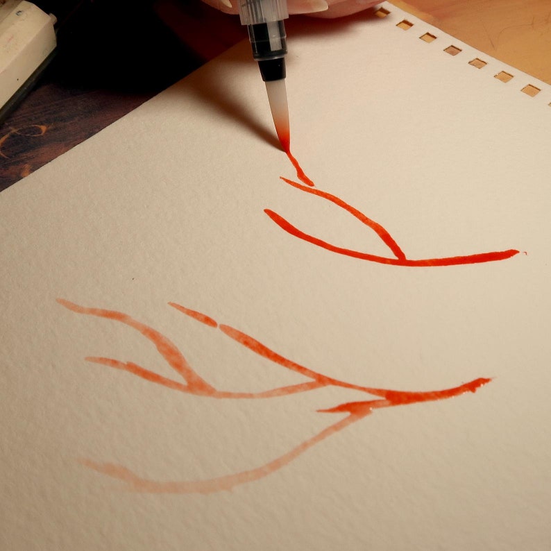 Puede incluir: Primer plano de una mano usando un pincel de acuarela rojo para pintar una rama en papel blanco. La rama es de color rojo claro y tiene algunas ramas m&aacute;s peque&ntilde;as que salen de ella.