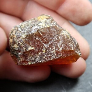 May include: A rough, amber-colored gemstone with a textured surface. The stone has a translucent quality, allowing light to pass through, and is held in a hand. The color ranges from a deep brown to a golden orange.