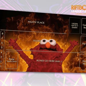 Funny Riftbound Playmat: Elm0 On Fire! | Stitched Edges, Extra Thick (Durable) | 24×14 in