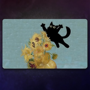 May include: A black cat silhouette jumping over a vase of yellow sunflowers. The sunflowers are painted in a style reminiscent of Vincent van Gogh.