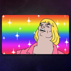 May include: A digital illustration of a cartoon character with blonde hair and a pink shirt, against a rainbow background with sparkling stars.