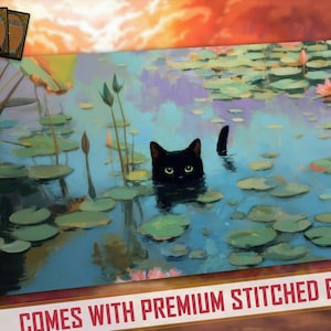 May include: A rectangular playmat featuring a black cat in a pond with lily pads and a pink flower. The cat's head and ears are visible above the water. The playmat has a stitched edge and is designed for card games.