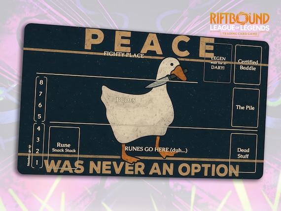 Funny Riftbound Playmat: Peace, never an option | Stitched Edges, Extra Thick (Durable) | 24×14 in