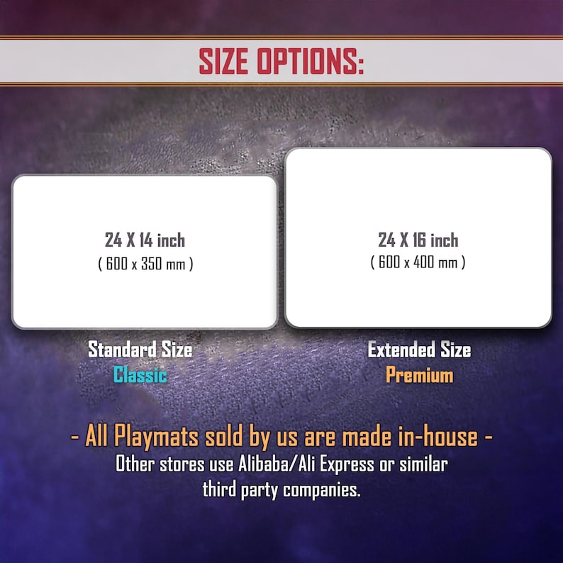 Puede incluir: Imagen que muestra dos opciones de tama&ntilde;o de tapete de juego: 24 x 14 pulgadas (600 x 350 mm) y 24 x 16 pulgadas (600 x 400 mm). Se indican como tama&ntilde;os est&aacute;ndar y extendido, con las etiquetas "Classic" y "Premium".
