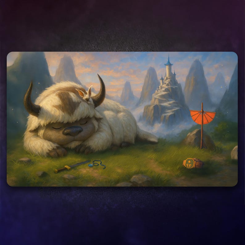 Puede incluir: Alfombrilla de juego rectangular con una criatura durmiente, esponjosa, blanca y marr&oacute;n, parecida a un bisonte, con grandes cuernos. Una peque&ntilde;a criatura blanca descansa sobre su espalda. Una espada, un pergamino y una moneda est&aacute;n en primer plano.