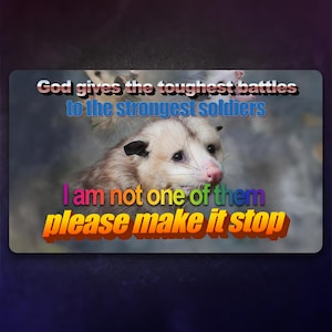 May include: A meme image featuring a possum with the text "God gives the toughest battles to the strongest soldiers. I am not one of them. Please make it stop."