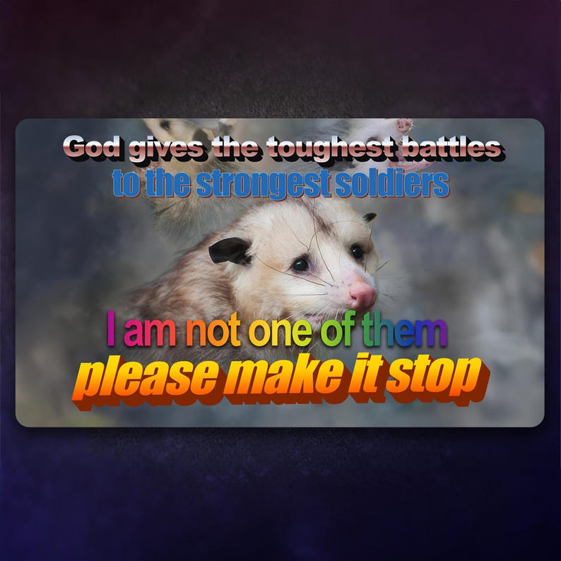 May include: A meme image featuring a possum with the text "God gives the toughest battles to the strongest soldiers. I am not one of them. Please make it stop."