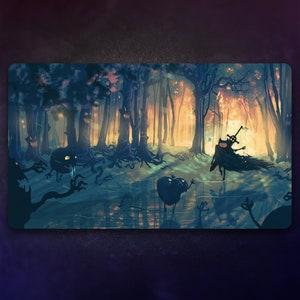 May include: A dark figure with a sword walks through a forest with glowing trees and shadowy creatures. The forest floor is covered in a layer of water.